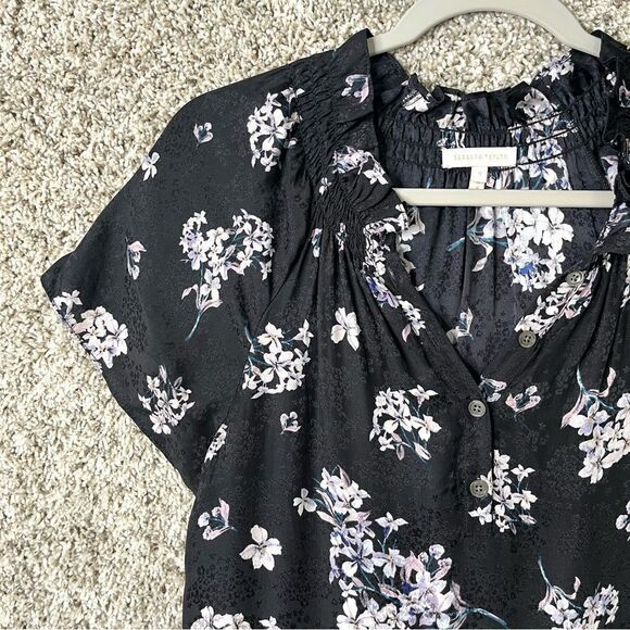 Rebecca Taylor Dress Womens 0 Black & Purple Floral Print 100% Silk Short Sleeve - Picture 2 of 7